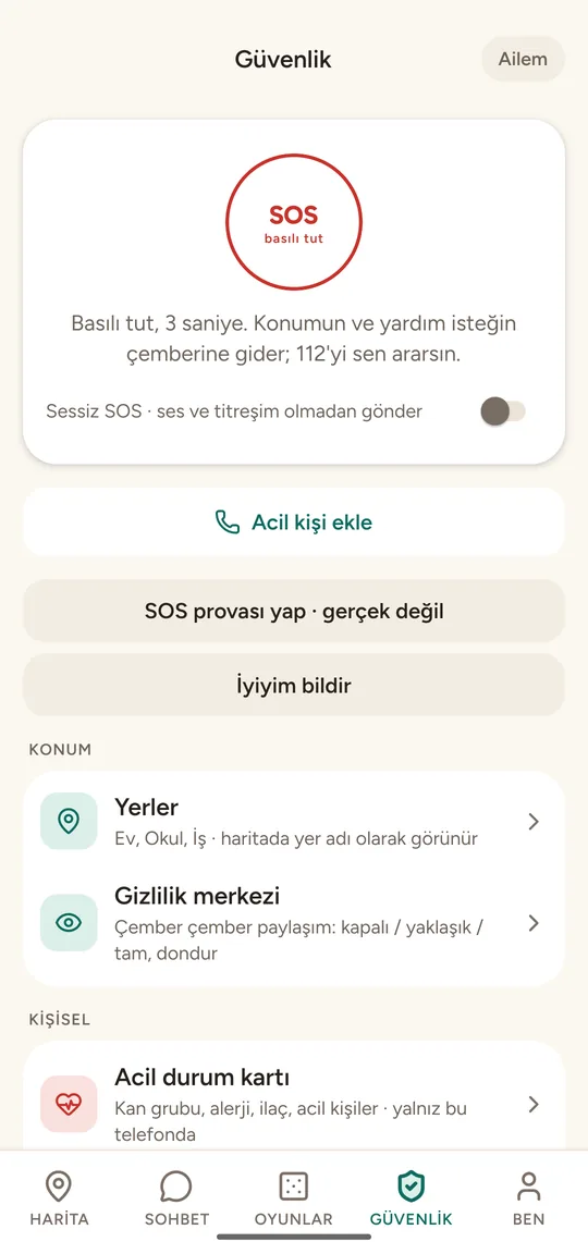 Güvenlik ekranı: SOS düğmesi, İyiyim bildir ve acil kişiler