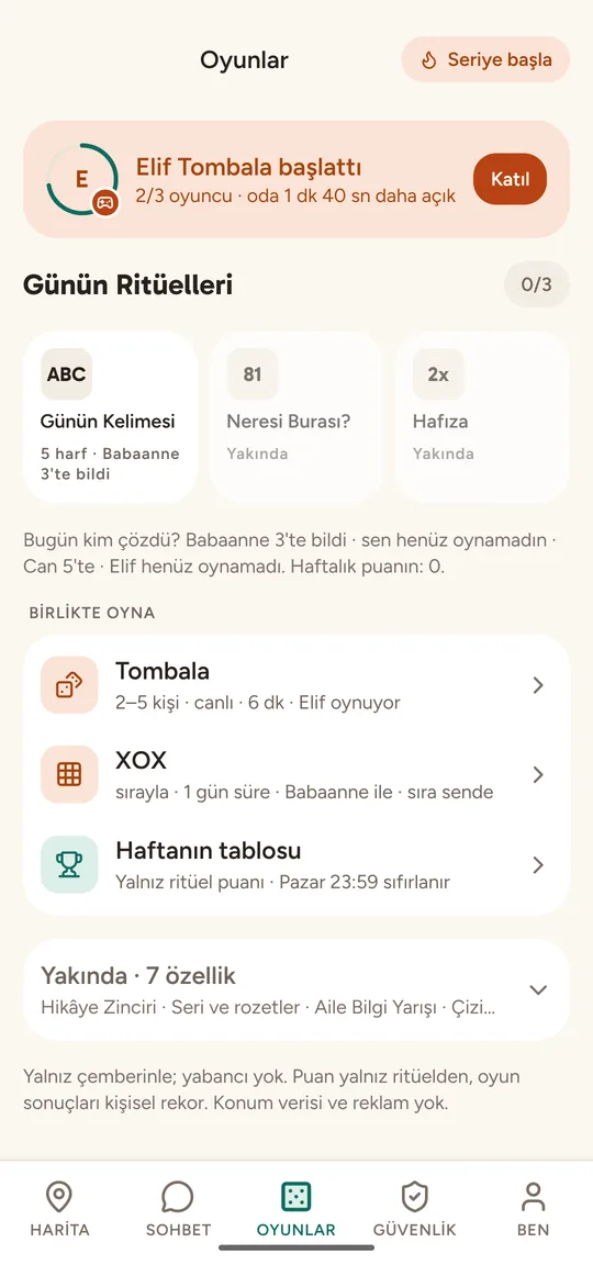 Oyunlar ekranı: Günün Kelimesi, Tombala, XOX ve haftanın tablosu